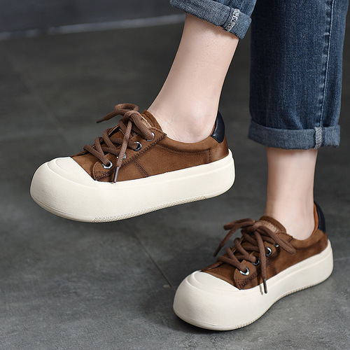 First-layer cowhide casual shoes for women 2024 spring red lace-up low-cut large round-toe women's shoes retro flat-heeled sneakers