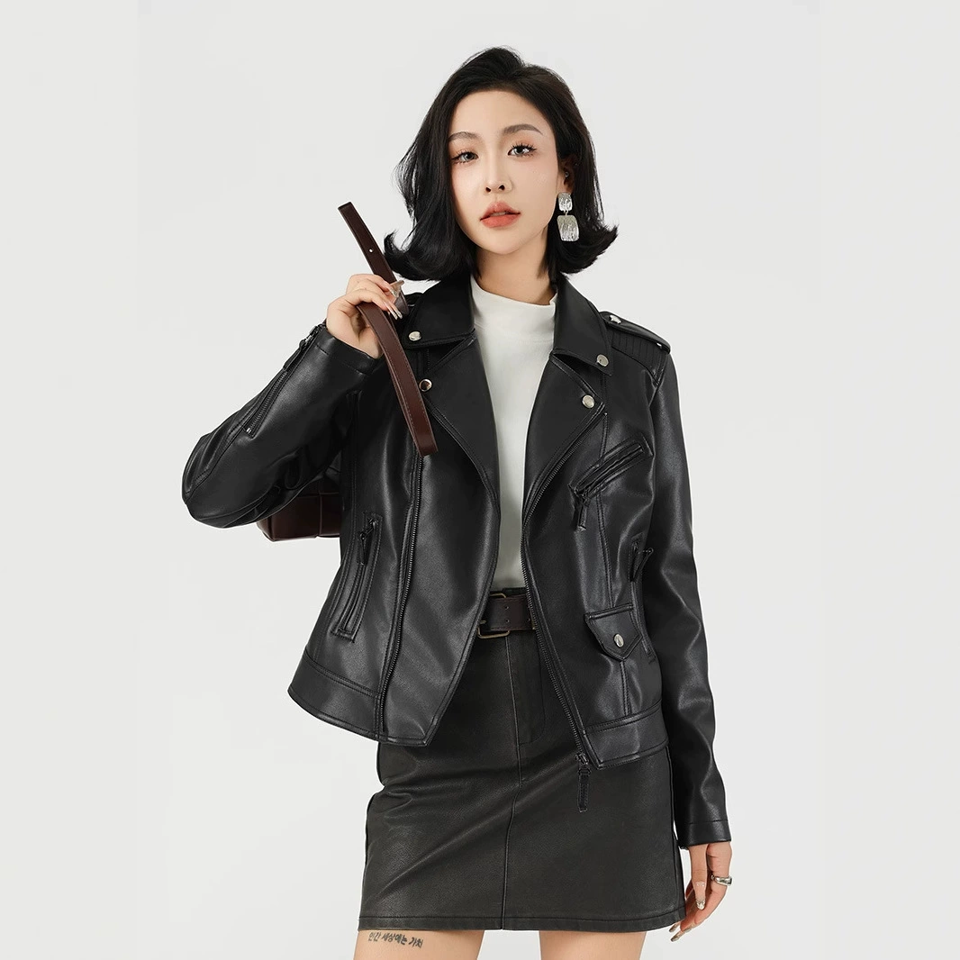 Женская кожаная куртка с завышенной талией в стиле мотоциклиста, осенняя женская кожаная куртка, оптовая продажа через границу, индивидуальный пошив в британском стиле