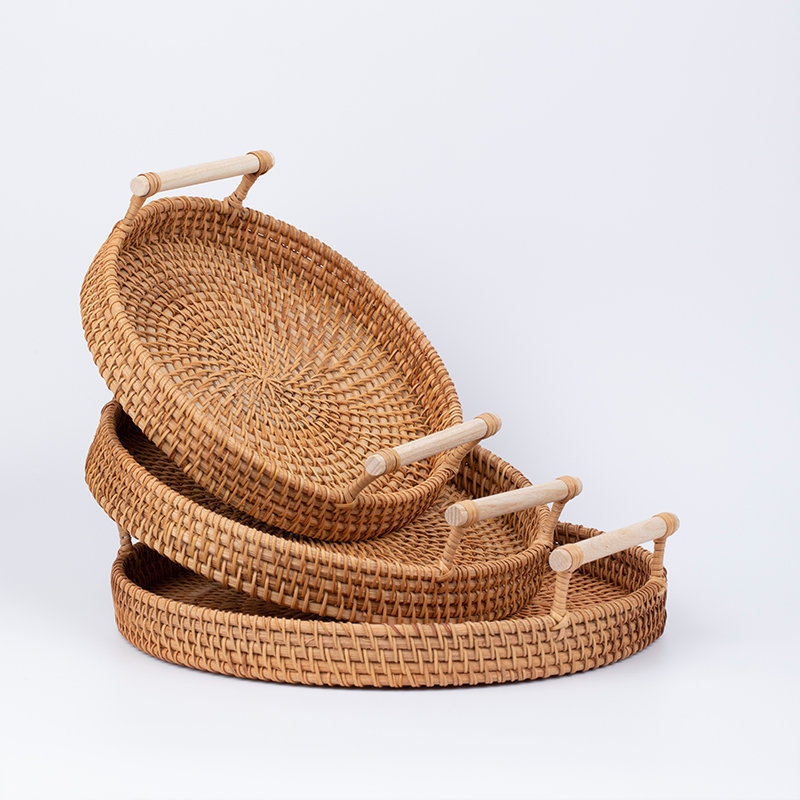 Ins retro pan de ratán dim sum bandejas binaurales almacenamiento de pasteles tejidos japoneses celebridades de Internet Nordic portátil B & B