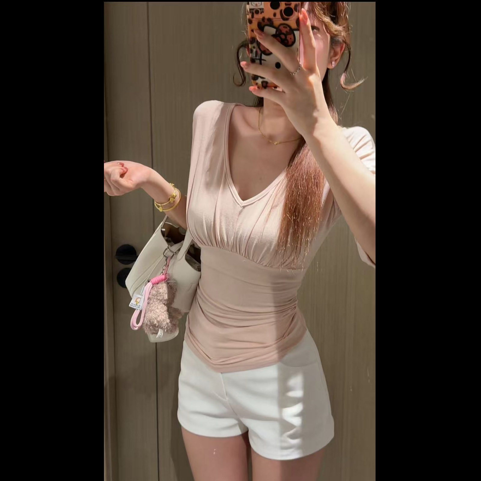 Thin silk Korean style batwing sleeve V-neck mid-sleeve T-shirt for women, summer pleated waist-cinching hot girl short-sleeve top 26144