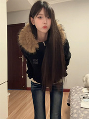 美式高街黑色显瘦字母毛领连帽长袖卫衣女春秋收腰原宿风开衫上衣