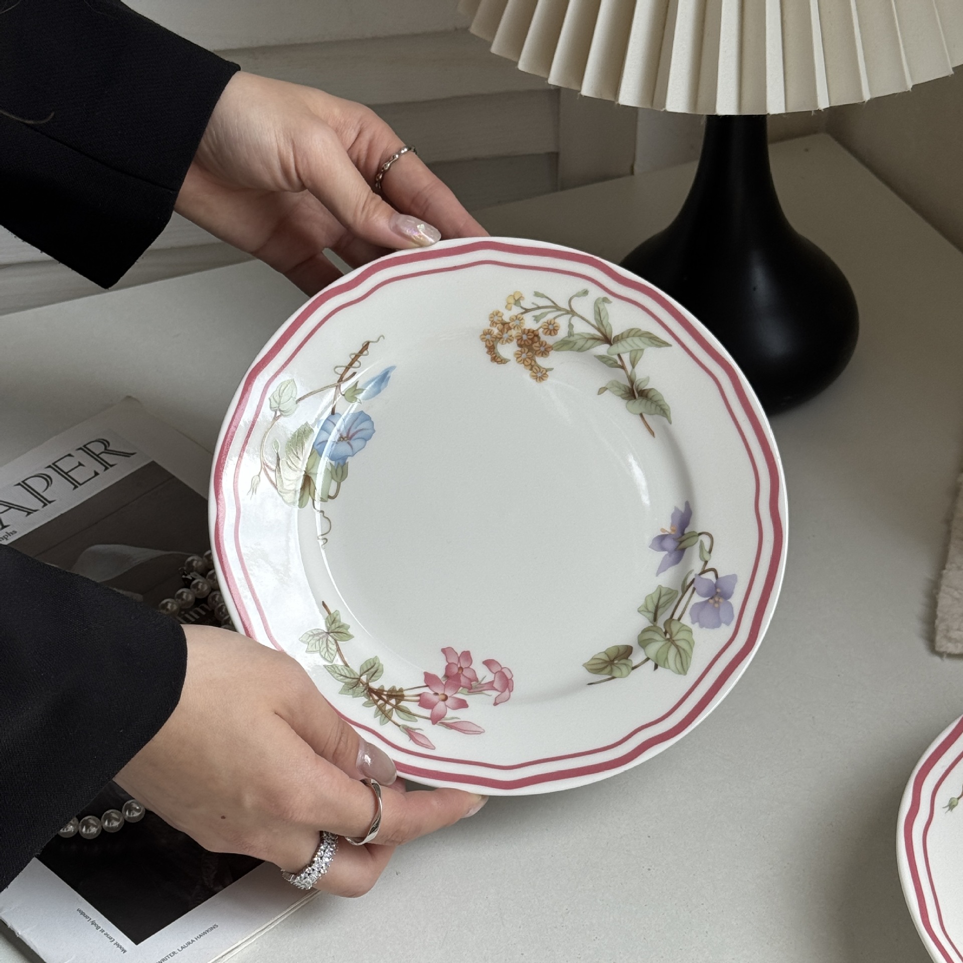 Francés fresco colorido plato de cerámica flores de trompeta té de la tarde dulces tazas de platos de platos caseros serie de platos de tostada image 8