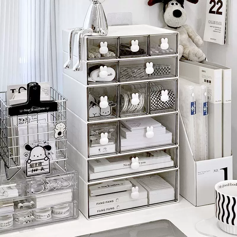 Transparent Drawer Storage Box Organizer, Stackable Desktop Rack with Rabbit Handles, Compact