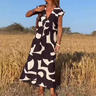 2024 Elegant Ladies V-neck Loosen Waist Dress 2023 Summer Fashion New All-match Long Dress European