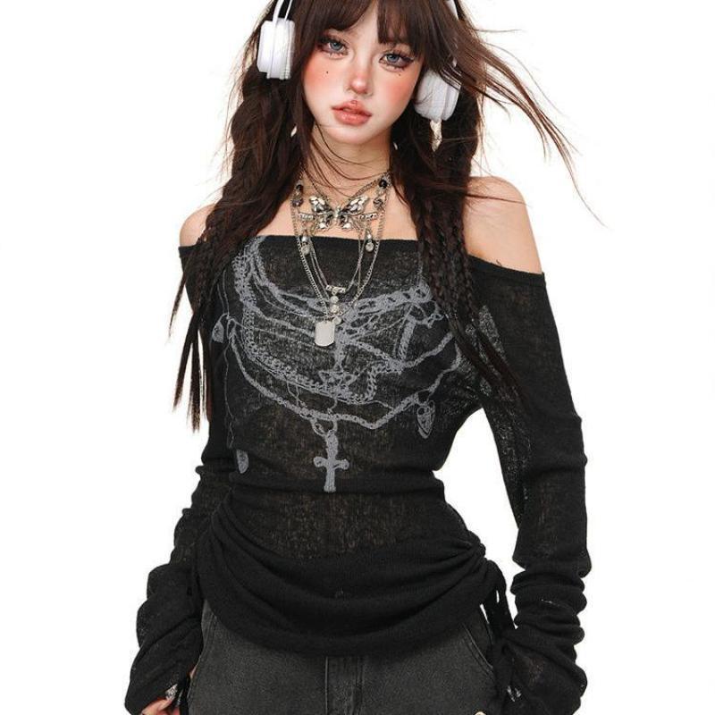 American Hot Girl Style Printed One-Shoulder Long-Sleeved T-Shirt for Women in Autum Slightly See-Through Mesh Slimming Look Inner Wear