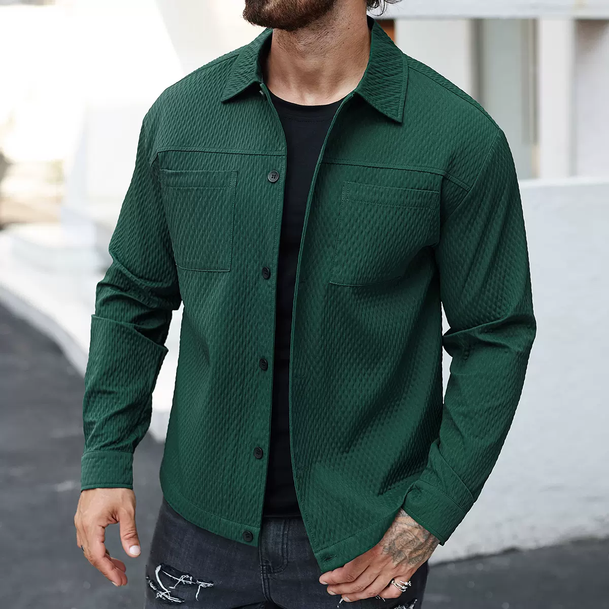 欧美跨境亚马逊25春季高级质感男士时尚休闲衬衫男装翻领开衫