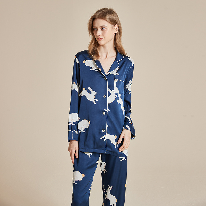 [Blue Moon Rabbit] Pajamas Women's Spring and Autumn New Home Clothes Set Sweet Printed Ice Silk Pajamas Long Sleeve Set
