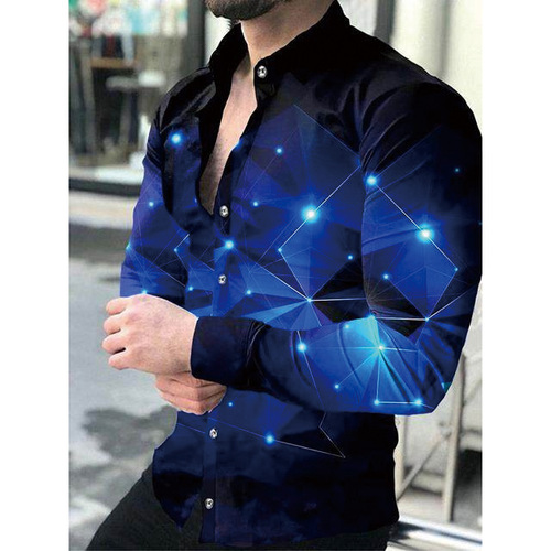 Cross-border Wish eBay Bestselling Collared 3D Printed Casual Fitted Long-Sleeve Shirt in Multiple Colors for Men