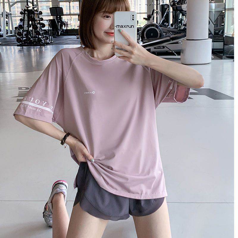 运动T恤女宽松跑步罩衫夏季薄款瑜伽短袖大码胖mm速干健身服上衣