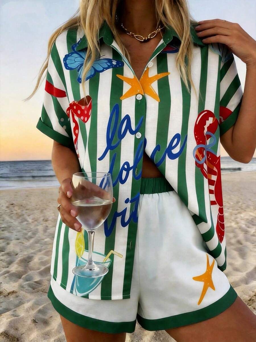 Sommarset med blommig skjorta och shorts för kvinnor_voghion.com