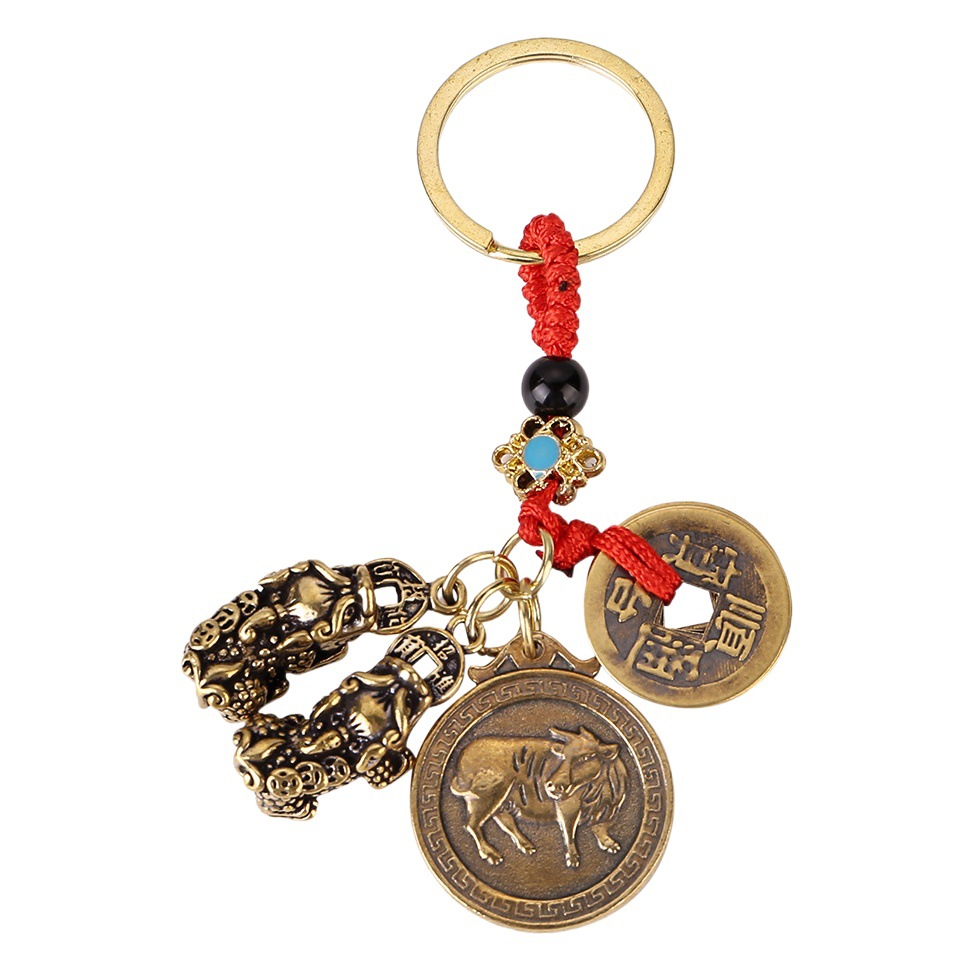 Latón cuerda roja cinco emperadores doble Zodiaco suerte tarjeta llavero retro hombres y mujeres Zodiaco aleación coche colgante