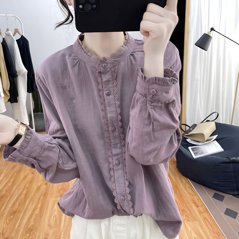 Lotus-sleeved Cotton Long-sleeved Shirt Women's Lace Stitching Top 2024 Spring and Autumn Loose Vintage Collar Base Shirt