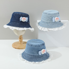 儿童帽子春秋薄款甜美蕾丝复古牛仔水桶渔夫帽女宝宝遮阳防晒盆帽
