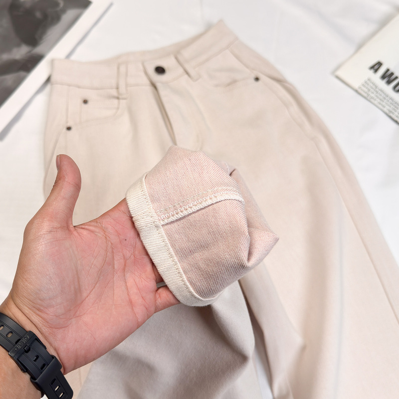 2026 Spring Four-Way Stretch Ivory White Straight-Leg Jeans for Women, High-Waisted, Draped, Slimming, Casual, Everyday Versatile Pants