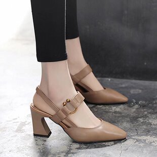 Pointed Toe Simple Buckle Flats for Women 2025 Summer New Style Baotou Hollow Back Sandals High Heel Sandals Women's Shoes Wholesale