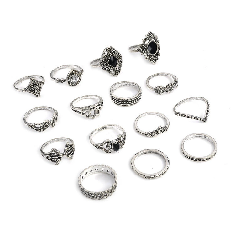 Ring set, retro drop-shaped 15 pcs, adjustable mixed vintage styles (one size)