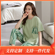 跨境专供睡衣女夏纯棉短袖长裤时尚甜美可爱少女大码可外穿家居服