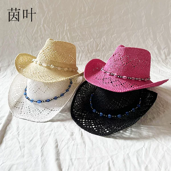 Heart-Shaped Bead Straw Hat, Handmade Hollow-Out Cowboy Hat with Large Brim, Rolled Brim, Western Style