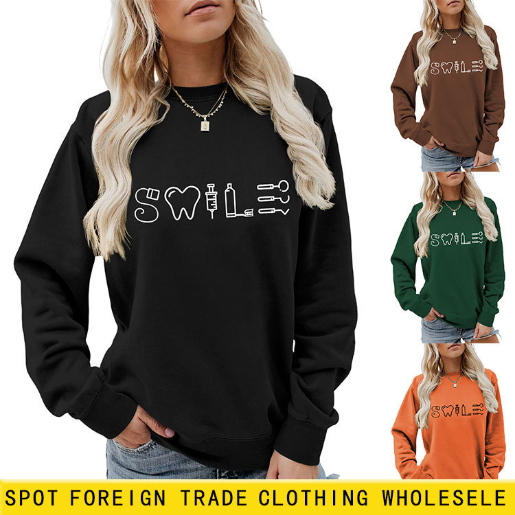 Amazon Wish Cross-Border Export Fashion Fun Ladies Smile Tooth Syringe Cleaner Printed Sweatshirt