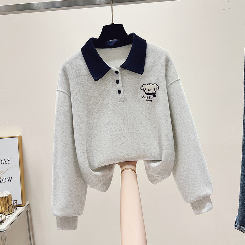 实拍2025年秋季新款女装卫衣POLO领撞色宽松套头翻领休闲上衣|undefined
