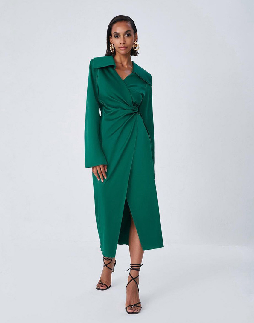 solid color satin V-neck long sleeve suit style long dress NSSQS137810