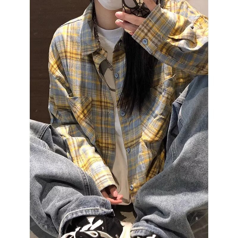 한국 옷깃 POLO 칼라 커플 디자인 감각 셔츠 소녀 체크 무늬 셔츠 긴 소매 코트 도매 국경