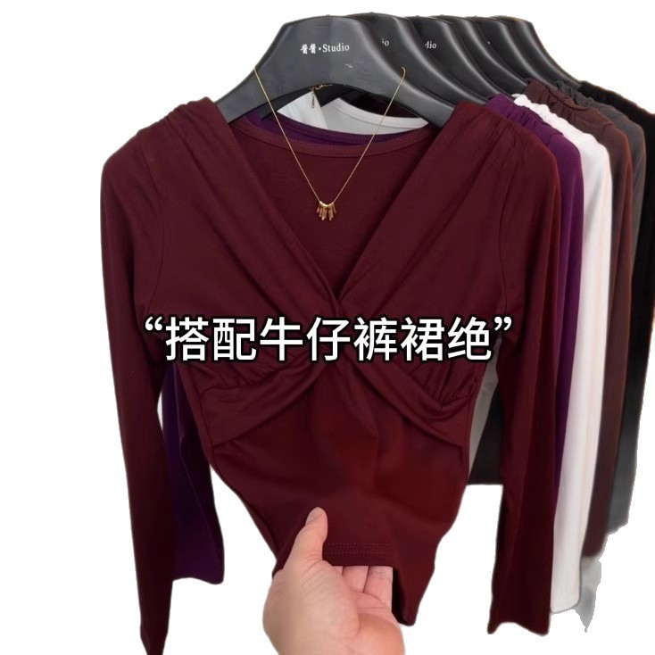 高级感chic别致扭结交叉领上衣女2025早秋新款洋气减龄显瘦打底衫|undefined