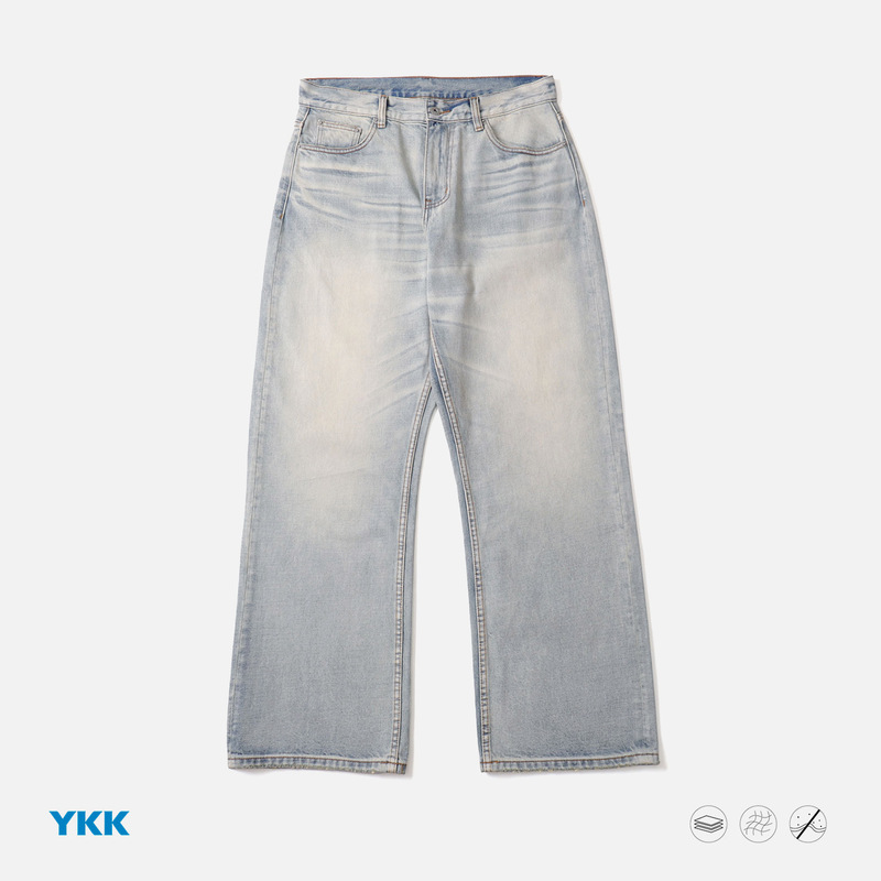Trs Bull King Series | 26Ss Kanglong Cream Ice Blue Pleated Washed A-Line Straight Light Blue Jeans for Men and Women