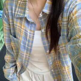 D216【实价】美式复古黄蓝色格子长袖衬衫女春夏季新款宽松休闲上