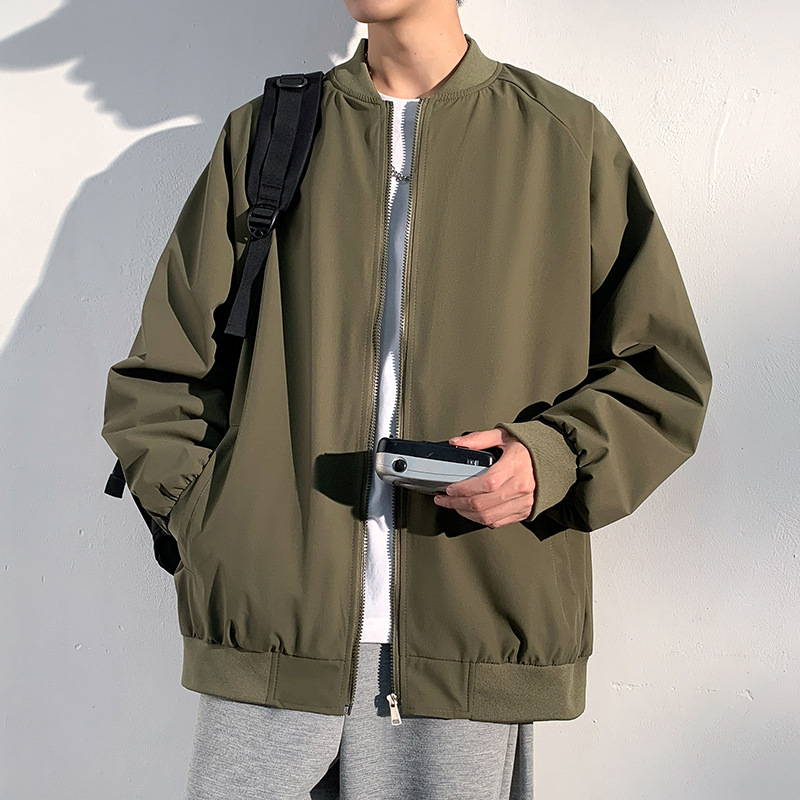 Baseball autumn solid color stand up collar loose and versatile casual trendy brand men's top jacket_voghion.com