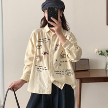 秋新款磨毛刺绣棉衬衣翻领长袖彩扣宽松磨毛衬衫均码基本款不对称