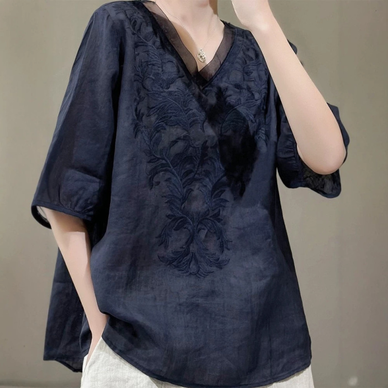 Navy Blue V-Neck Linen Short-Sleeve T-Shirt for Women, Summer Jacquard Embroidery Ramie High-End Designer Cotton-Linen Top Navy Blue V-Neck Linen Short-Sleeve T-Shirt for Women, Summer Jacquard Embroidery Ramie High-End Designer Cotton-Linen Top