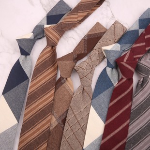 Men's Polyester Cotton Tie Autumn and Winter Curry Color Striped Plaid 7cm British Casual Vintage Tie Red Coffee