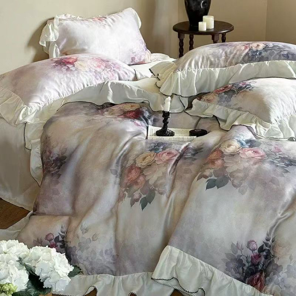 Summer Cool Ice Silk Quilt Cover Premium 100-count Lenzin Tencel Printed Four-piece Set, Silky And Cool Summer, Perfect For Sleepin Naked, Fresh_voghion.com