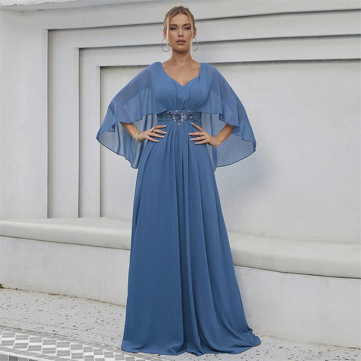 Vestido de Noche con Lentejuelas de Poliéster con Mangas Acampanadas para Fiestas