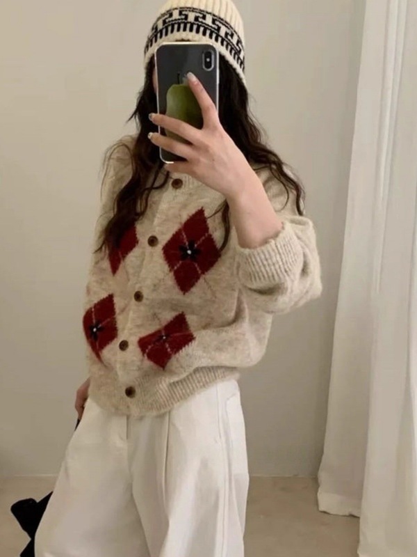 设计感菱格撞色毛衣外套女2025秋冬新款软糯百搭针织开衫上衣1258|undefined