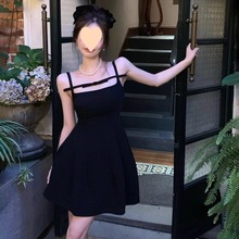 黑色吊带蝴蝶结连衣裙女法式新款修身短裙小众小个子短礼服裙子