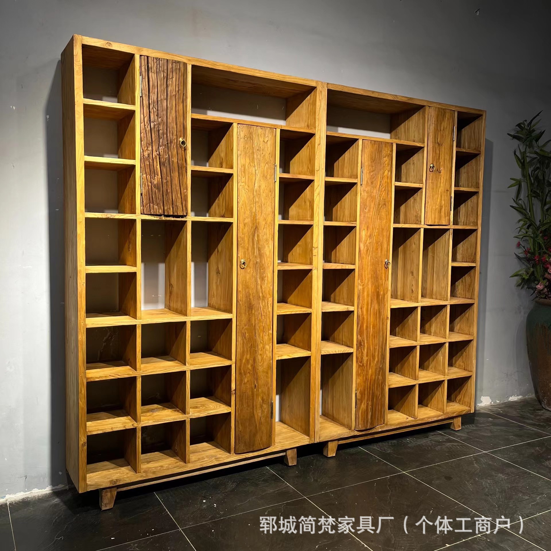 Wabi-Sabi Style Solid Wood Display Shelf, Multi-Layer Porcelain Tea Set Display Rack, Old Elm Wood Wine Cabinet, Antique Ceramic Display Shelf