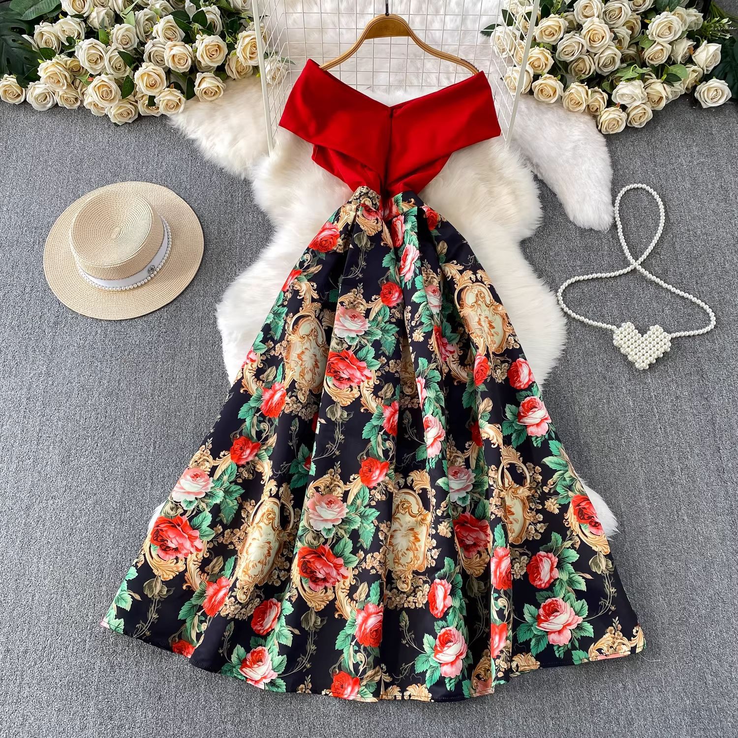 Elegant Court-Style Dress – Cross V-Neck Floral Jacquard Midi Dress With Waist-Defining Silhouette (S-XXL)​_ecoleips.com