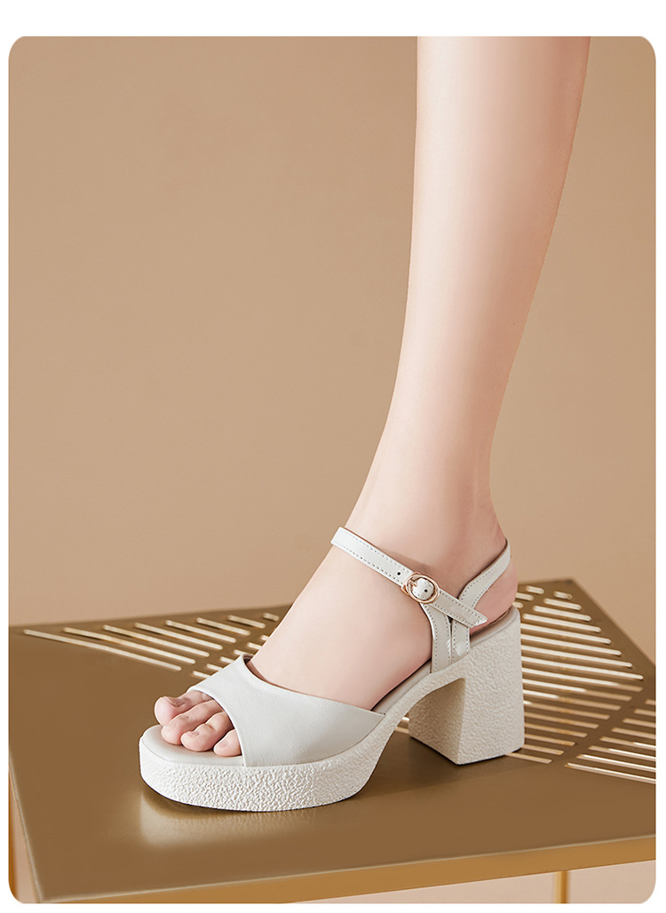 Sandal cao gót nữ quai ngang da thật đế dày chống thấm — Màu đen chi tiết 14