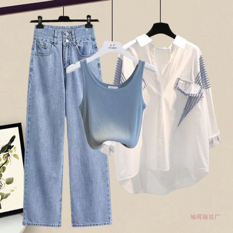 Summer Suit for Women 2026 New Plus-Size Women's Fashion Sun Protection Clothing Shirt Vest Slimming Jeans Three-Piece Set Summer Suit for Women 2026 New Plus-Size Women's Fashion Sun Protection Clothing Shirt Vest Slimming Jeans Three-Piece Set