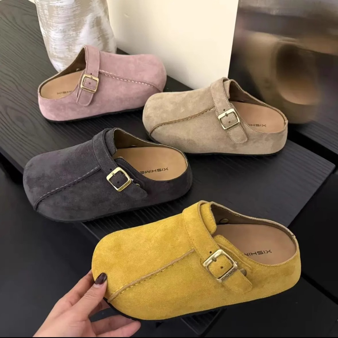 Women's slippers platform, universal Birkenstock Boston style shoes with hidden heel, closed toe, Collection Year 2026, can be worn in two ways
