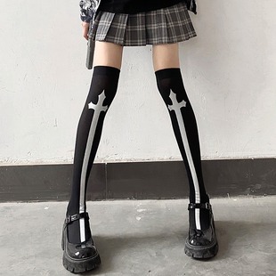 JK Long Tube Over-the-Knee Socks Women Dark Punk Halloween Cross Black Silk Stockings Spice Girls Subculture Thigh Socks