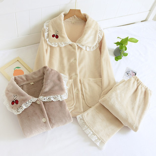 Winter Pajamas Women's Coral Fleece Sweet Cute Autumn and Winter Thickened Flannel Palace Princess Style Home Clothes suit