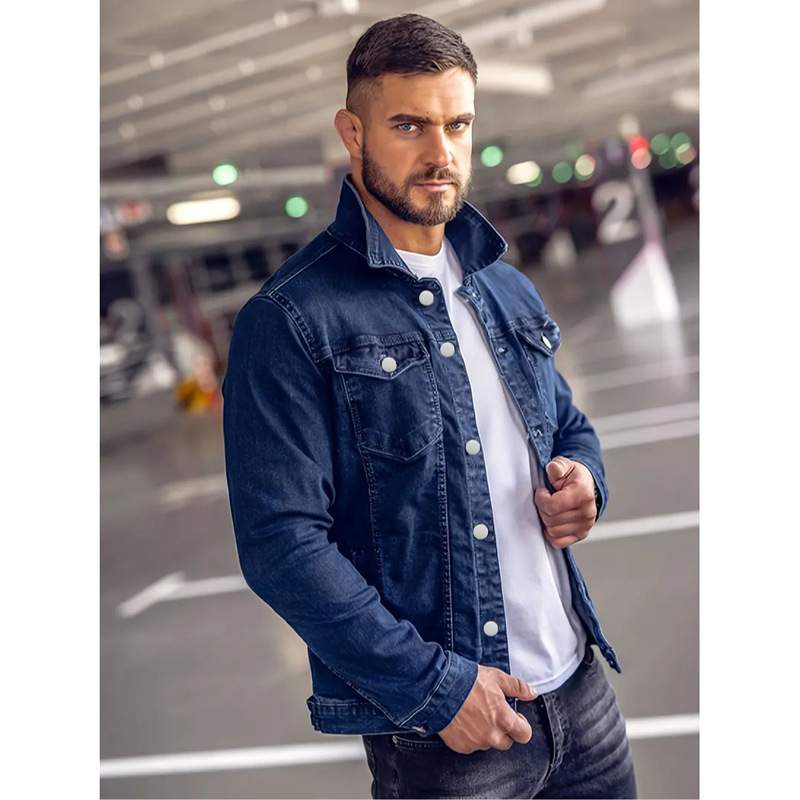 Blue Denim Jacket for Men, Casual Style with Pockets, Long Sleeve Design with Chest Pocket, Denim Coat for Men