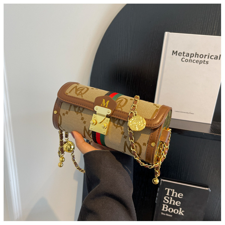 女性のための西洋スタイルのチェーンバッグ新しいファッションニッチプリントショルダーシリンダーバッグライト高級クロスボディバッグ|undefined