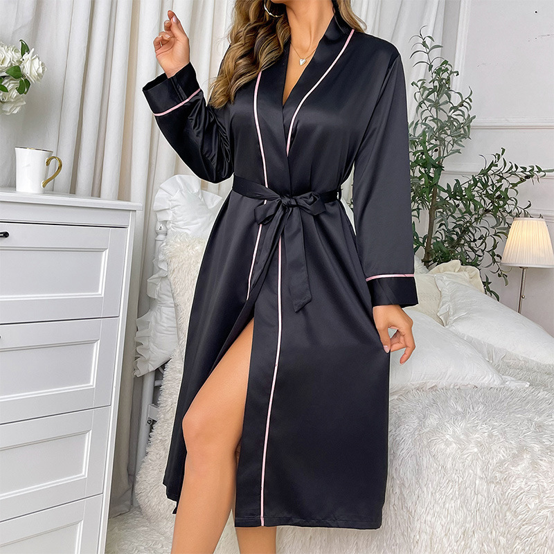 2025 Cross-Border New Long Ice Silk Nightgown Manufacturer Ready-Made Thin Fashion Home Wear Women's Cardigan Bathrobe