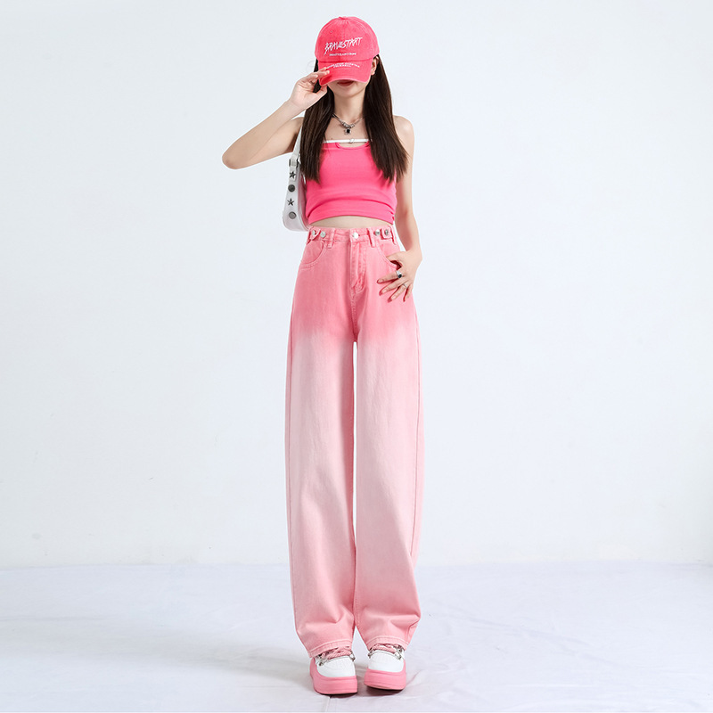 Pink Jeans Women's 2023 Summer Thin High Waist Loose Slimming Wide Legs Gradient Color Niche Floor Trousers
