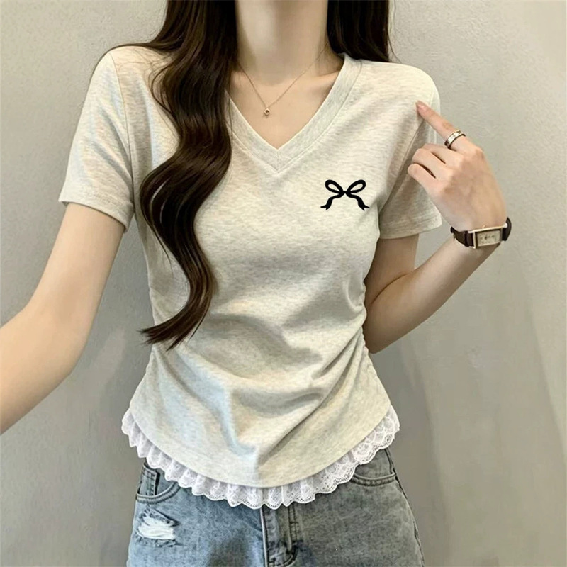 Especially Beautiful Lace Waist-Cinching Top, 2026 Summer New Hot Style Sweet V-Neck Blouse, Regular Shoulder Short-Sleeve T-Shirt for Women