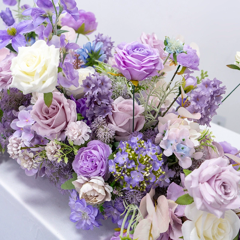 酒店装饰紫色长条桌花花艺 婚礼活动仪式生日宴会仿真假花布置花